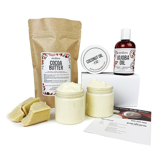 Better Shea Butter Cocoa Body Butter Making Kit - Includes Unrefined Cocoa Butter, Jojoba Oil, Coconut Oil, 2 Jars and Recipes Card with Link to Video Tutorial - Natural Whipped Body Lotion Making Kit