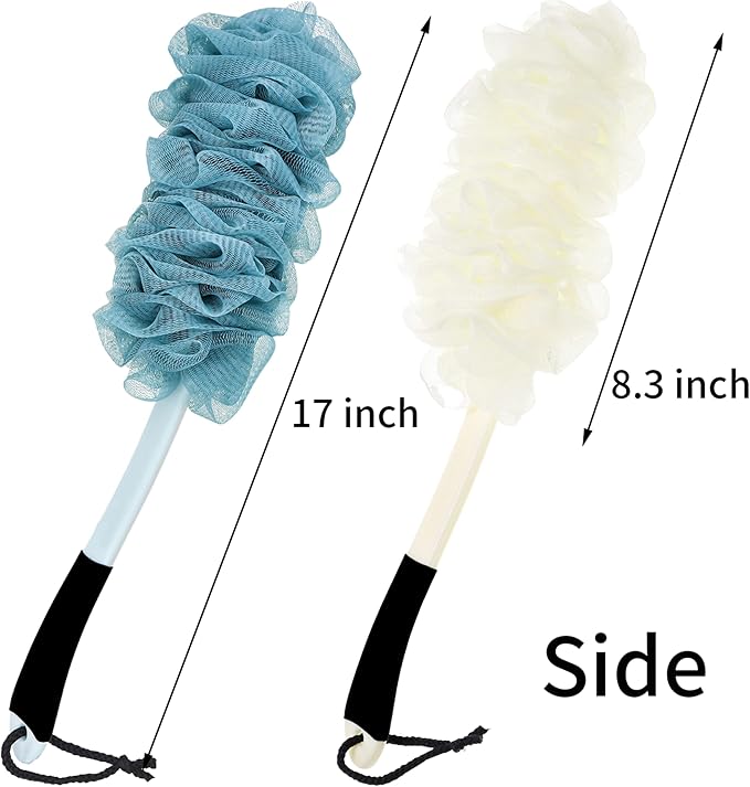 2Pack Back Scrubber for Shower, Loofah with Handle, Back Loofah Non-Slip Handle, Bath Body Brush, Scrub Cleaning Brush for Shower, Soft Mesh Sponge On a Stick for Men Women Elderly (Blue and White)