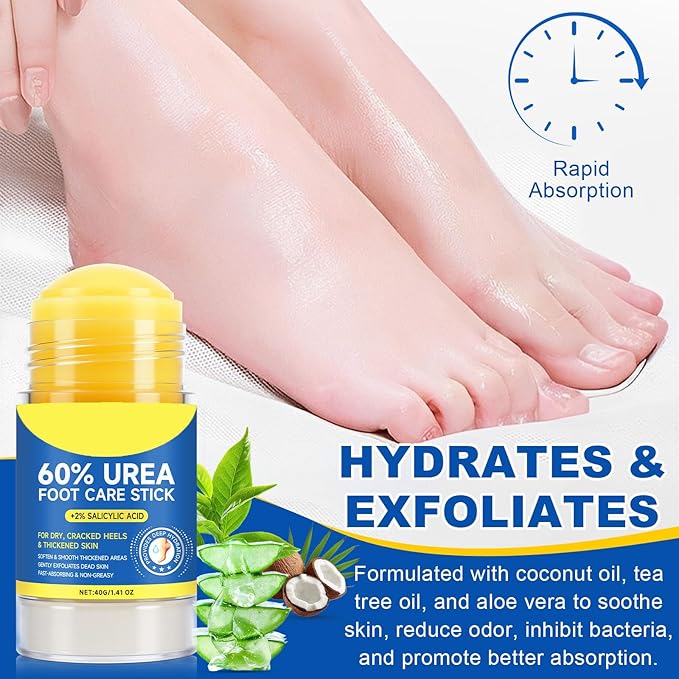 Foot Care Stick with 60% Urea 2% Salicylic Acid Aloe Vera coconut tea tree oil, Foot Callus Dead Hard Skin Remover Moisturizer for Rough Dry Cracked Feet, Knees, Elbows, Hands Repair Stick