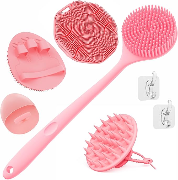 Manmihealth Silicone Back Scrubber & Soft Bath Glove, Silicone Scalp Massager Set 5 PCS, Super-Exfoliating Body Scrubber Shower Brush & Shampoo Brush Combination, with 2 Free Hooks (Style 1 Pink)