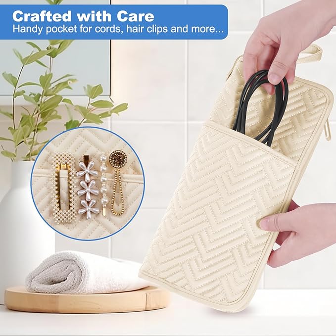 SITHON Hot Iron Holder & Mat, Heat Resistant Hair Tools Travel Bag Portable Hot Tools Organizer Cover Pouch for Curling Irons, Flat Irons, Hair Straightener and Styling Tools (Bag Only) (Beige)