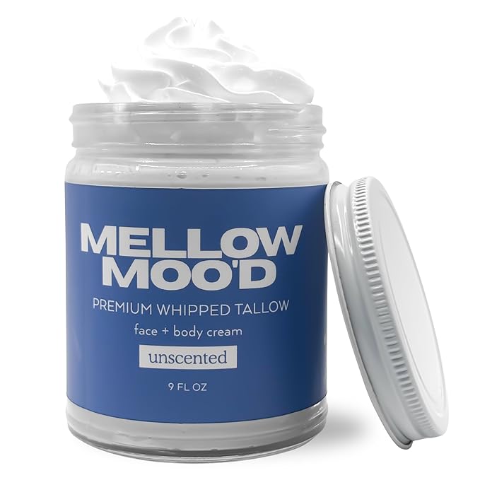 Mellow Moo'd Unscented Whipped Grass Fed Beef Tallow - Face + Body Cream - Tallow Moisturizer for Sensitive Skin - Natural Body Butter Lotion XTRA Large 9 FL OZ - Made In USA
