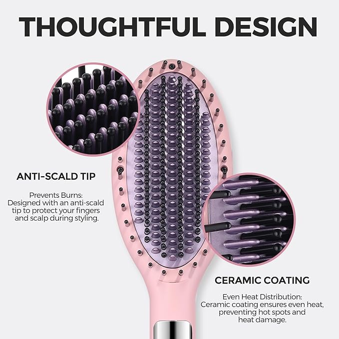 Ionic Hair Straightener Brush – Ceramic Straightening Brush with 6 Temp Settings, LCD Display, Auto-Off, Dual Voltage Flat Iron with Anti-Scald Design, Pink