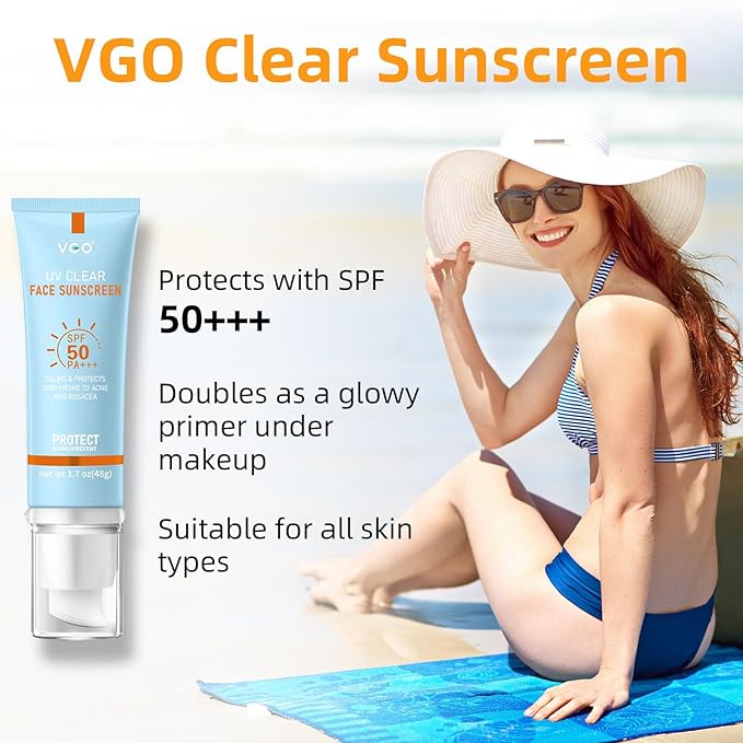 VGO Clear Face Sunscreen SPF 50, Hydrating Sun Essence Leaves No Sticky Feeling Travel Size Sunscreen Against UVA and UVB Rays 50ml / 1.7oz