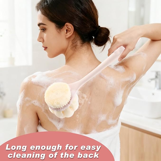3-Pack Pink 15.4" Long Handle Dual Sided Bath Brushes with Soft Bristles and Beautiful Pumpkin Loofah for Gentle Deep Cleansing