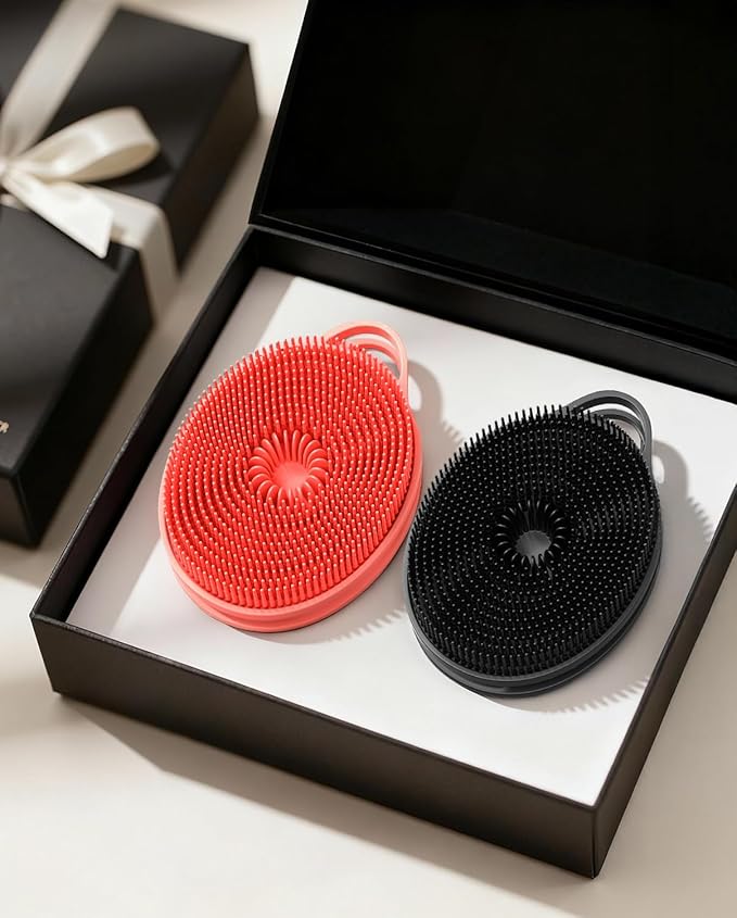 2 in 1 Silicone Body Scrubber, Anti Cellulite Massage Scrubber, Exfoliating Shower Brush for Men & Women, Removes Dead Skin, Reduces Cellulite, Improves Circulation, Non Slip (2PC, Black + Pink)