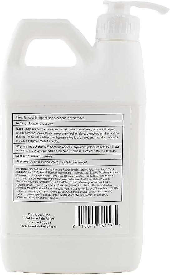 Real Time Pain Relief Hemp Oil Plus 64 oz Bottle | 20 Natural Ingredients: 5% Arnica, Turmeric & More | Fast-Absorbing Lotion for Muscles, Hands, Feet, Ankles, Back, Shoulders & Knees