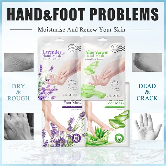 8 Pairs Hand and Feet Mask, Hand Gloves Moisturizing, Hydrating, Feet Peeling Mask for Men Women Repairing Dry, Cracked Skin, Aloe Vera & Lavender,
