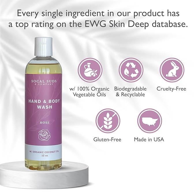 SoCal Suds & Company - 12oz Organic Soap Liquid, Gentle Hand & Body Wash, Organic Body Wash for Men and Women, Made w/Organic Oils & Coconut Oil, Bath Essentials for All Skin Types - Rose