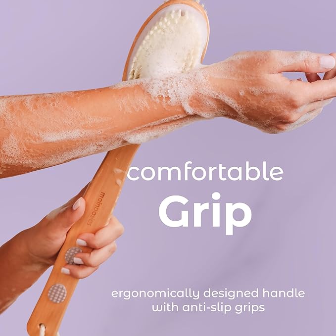 MainBasics Back Scrubber for Shower – Long Handle Dual-Sided Brush for Body Wash & Scrubbing with Exfoliating & Soft Bristles (Lavender, Wood)