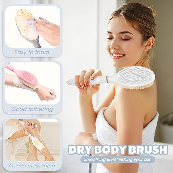 New Foot Brush & Back Scrubber Set 2PCS, 10.2''- 27.5'' Adjustable Foot Scrubber for Shower, 18.9'' Shower Back Scrubber with 3-Length Usage, Great Aid for People with Limited Mobility(White)