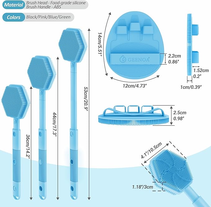 Silicone Back Scrubber & Soft Bath Glove 2PCS, 16''- 21''Extendable Back Scrubber with Dual-Side Large Head, 360° Anti-Slip Hand-fit Silicone Body Scrubber for Rich Foaming Deep Cleaning(Blue)