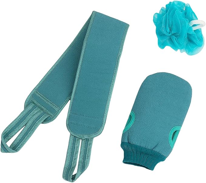 3 Pcs Exfoliating Back Scrubber for Shower, Exfoliating Gloves and Loofah Sponge Set, Body Scrubber Body Brush Set for Men and Women, Deep Clean and Massage Your Body (1 Set, Green)