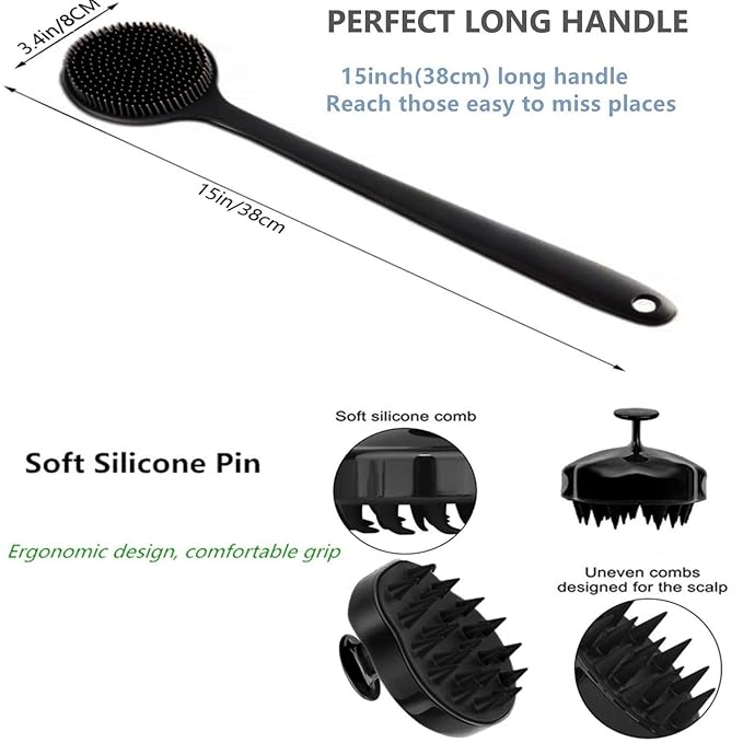 Silicone Body Scrubber & Scalp Massager, Long Handle Shower Brush, Exfoliating Scrubber for Men, Women & Kids