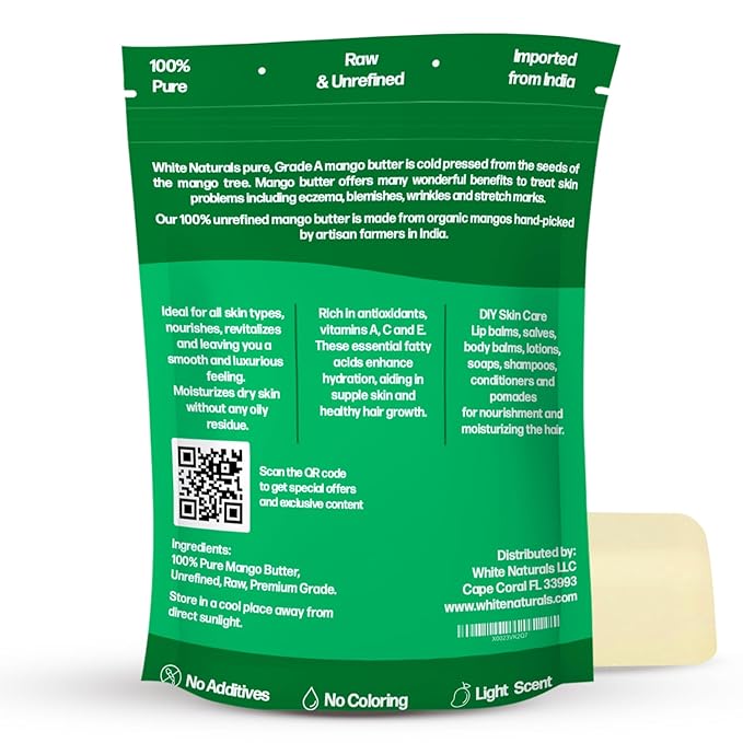 White Naturals Unrefined Mango Butter 8 oz Raw, Natural, Pure, Grade A Moisturizer, Use Alone or in DIY Whipped Body Butters, Soap & Lotions Making, Lip Balm and More!