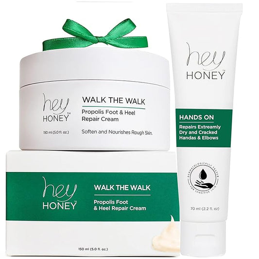 Hey Honey Skincare Hands & Feet Haydration Treatment Gift Set | Spa Grade Home Treatment For Extremely Dry Skin | Instant Relief For Cracked Elbows, Feet and Heels | 7.5 Oz