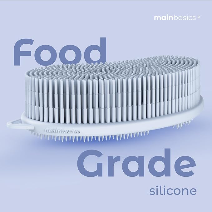 MainBasics Silicone Body Scrubber – Dual-Sided Shower Exfoliator for Men & Women, Gentle Silicone Loofah Alternative for Deep Clean (Frosted Sky, Exfoliate)