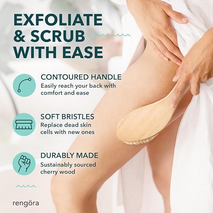 Dry Brushing Body Brush, Body Scrubber Dual-Use for Wet/Dry Exfoliating, Great for Lymphatic Drainage, Natural Boar Bristles, Ergonomic Handle, Makes a Nice Gift by Rengora
