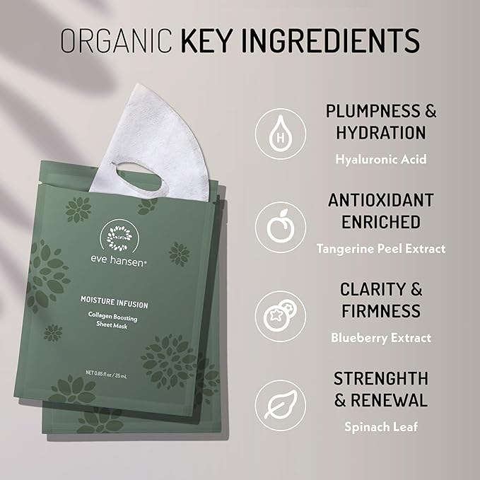 Eve Hansen Sheet Masks Set | Collagen and Hydrating Face Mask Sheet with Hyaluronic Acid, Red Wine Extract | 10x