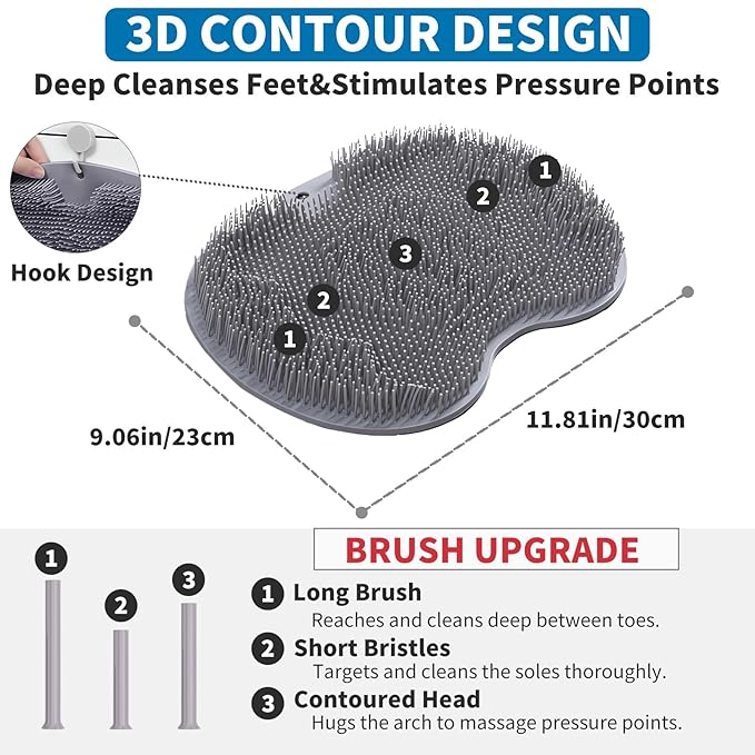 Shower Foot Scrubber Mat with 3 Types of Upgraded Brushes for Massage, Shower Back Scrubber with Micro Suction Cups,Back Washer,Shower Scrubber for Body at Home Spa (Gray)