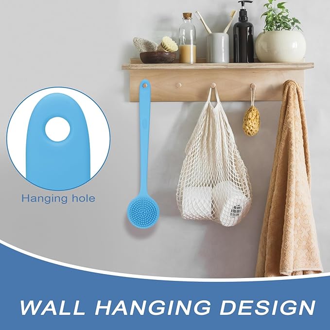 Generic Silicone Bath Brush Long Handle Double Sided Soft Hair Bath Scrub Massage Brush Lazy Back Rubbing Artifact Thickened Body Brush, Blue