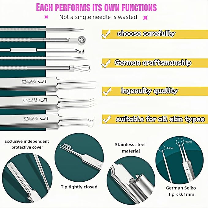 8-Piece Blackhead Remover Tool Kit - Professional Pimple Popper Extractor Set for Acne, Comedones, Whiteheads & Blemishes - Stainless Steel with Metal Case