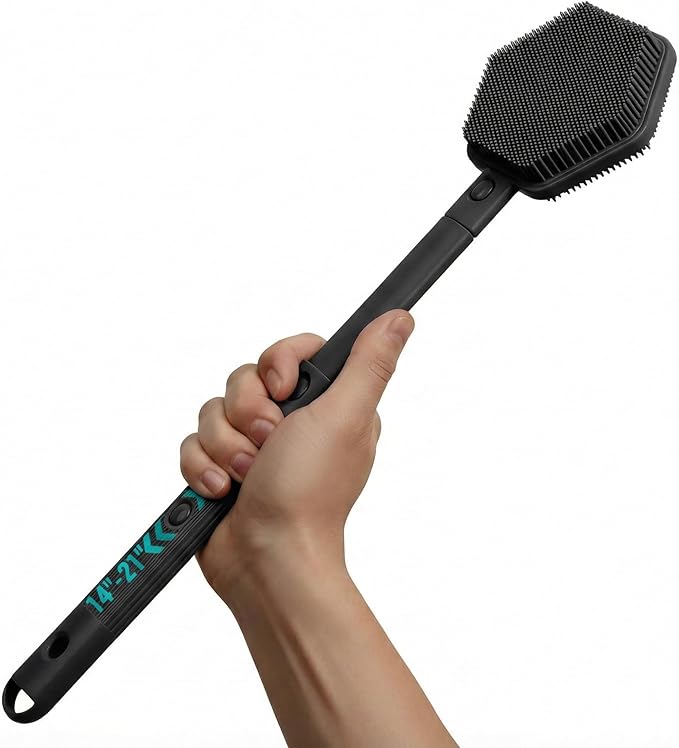 Silicone Back Scrubber for Shower – 21in Extendable Shower Brush with Long Handle – Dual-Sided Back Brush with Non-Slip Grip, Gentle Cleansing & Exfoliation for Men, Women, Elderly (Black)