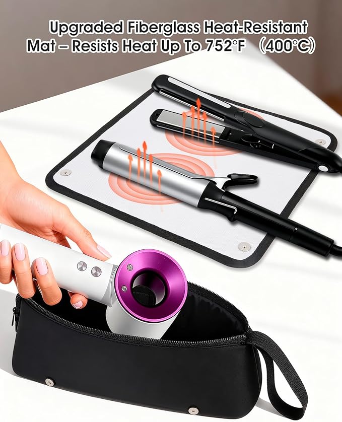 Hair Tools Travel Bag with Heat-Resistant Mat, Large Capacity Organizer for Curling Iron, Flat Iron, Blow Dryer & Hair Accessories, Portable Travel Case for Styling Tools (Midnight)