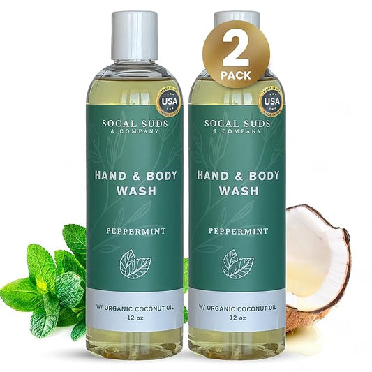 SoCal Suds & Company - 12oz Organic Soap Liquid, Gentle Hand & Body Wash, Organic Body Wash for Men and Women, Made w/Organic Oils & Coconut Oil, Bath Essentials for All Skin Types - 2pk Peppermint
