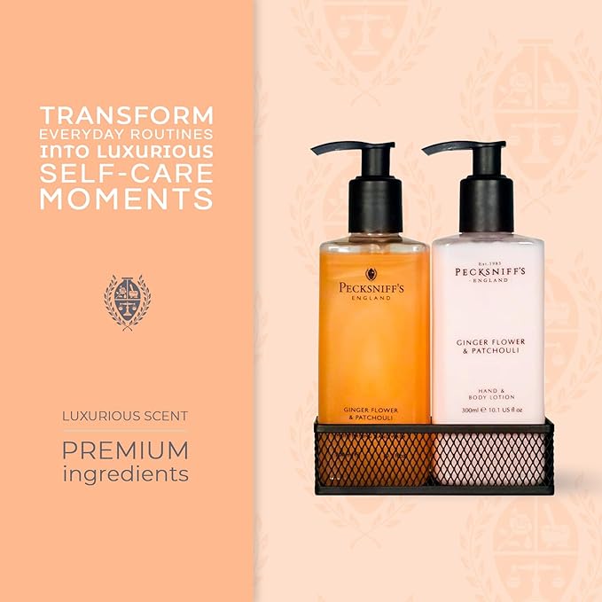 Pecksniffs Luxury Bath Gift Set, Ginger Flower and Patchouli Moisturizing Hand Soap and Body Lotion Set with Caddy, 10.1 Fl Oz