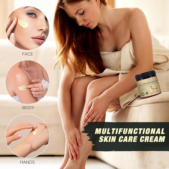 Beef Tallow Balm with Castor Oil & Frankincense – 100% Grass-Fed Beef Tallow Moisturizer for Face & Body Care – Nourishing Skin Balm to Repair Dry Skin, 4.2 oz