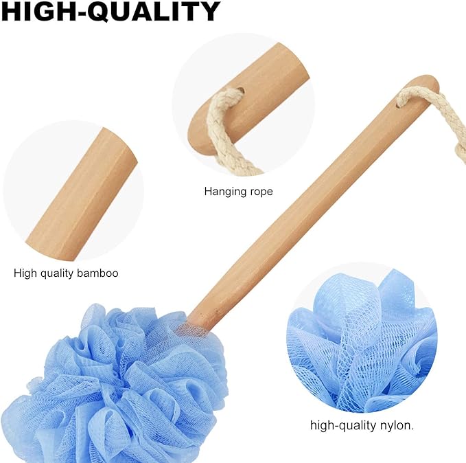 Loofah with Handle, Loofah on a Stick, Shower Sponge with Handle, Bath Brush, Shower Brush for Body, Back Scrubber for Shower, PE Soft Mesh Luffa for Men and Women
