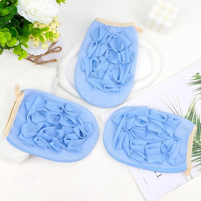 3 Pack Bath Loofah Body Sponge Brushes Loofah Exfoliating Glove Bath Shower Glove with Flower Bath Ball Bath Shower Loofah Sponge for Women and Men (Blue)
