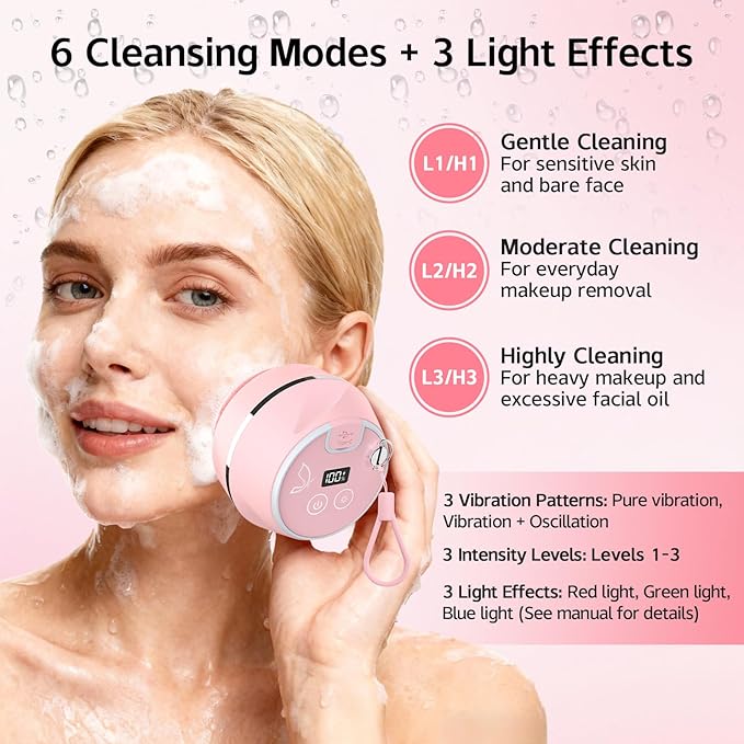 Face Cleansing Brush, Waterproof Silicone Facial Cleansing Brush, for Women and Men, 6 Modes, 3 Light Effect, Rechargeable Electric Exfoliator Deep-Clean Scrubber for Women and Men