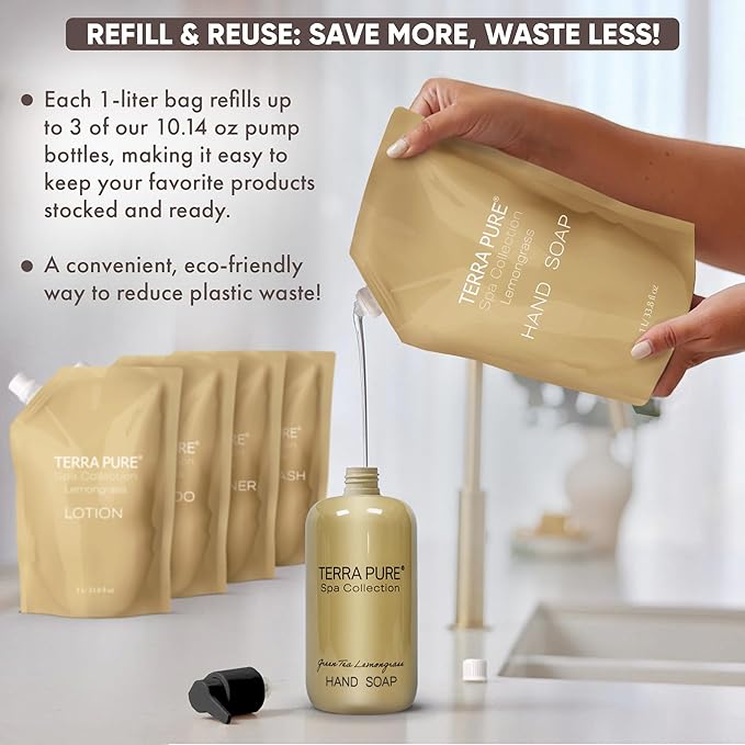 Terra Pure Spa Collection 1 Liter Hand Wash Refill Bag For Soap Dispensers | Bulk Toiletries for Vacation Rentals, and Home Bathroom Showers | Green Tea Lemongrass | Set of 12