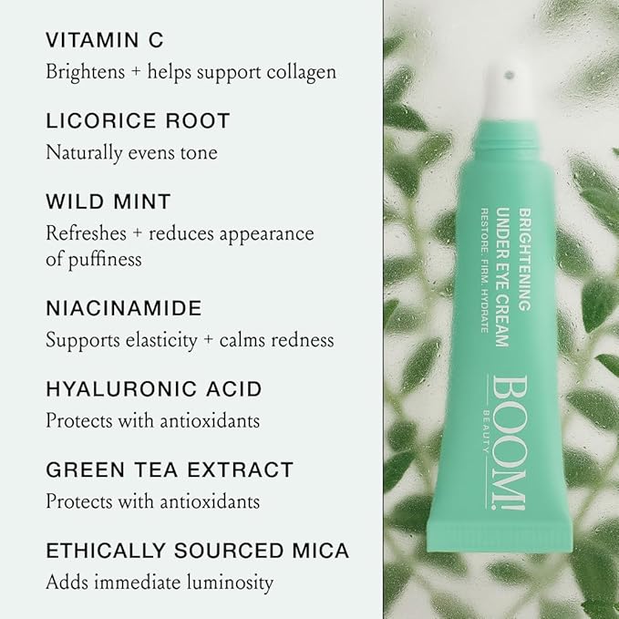 Boom Awaken Cooling Under Eye Cream - Targets Puffiness & Uneven Tone with Vitamin C, Licorice Root, Wild Mint, Green Tea & Hyaluronic Acid - Lightweight, Refreshing, Vegan Formula - 0.5 oz
