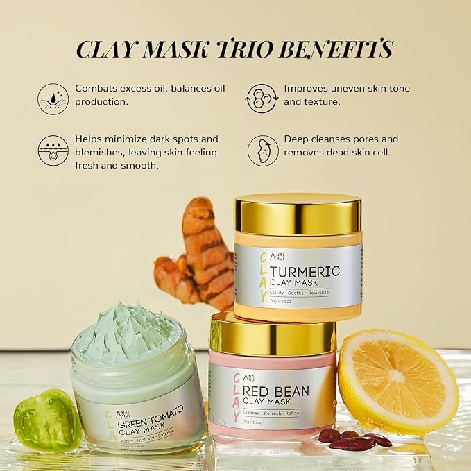 ANAI RUI 3 Pcs Pore Cleansing Face Mask Set,Green Tomato Clay Mask - Turmeric Vitamin C Facial Mask Red Bean Refreshing Pore Mask, Self Care Gifts Christmas Gifts for Women/Teens girls 2.5 oz each