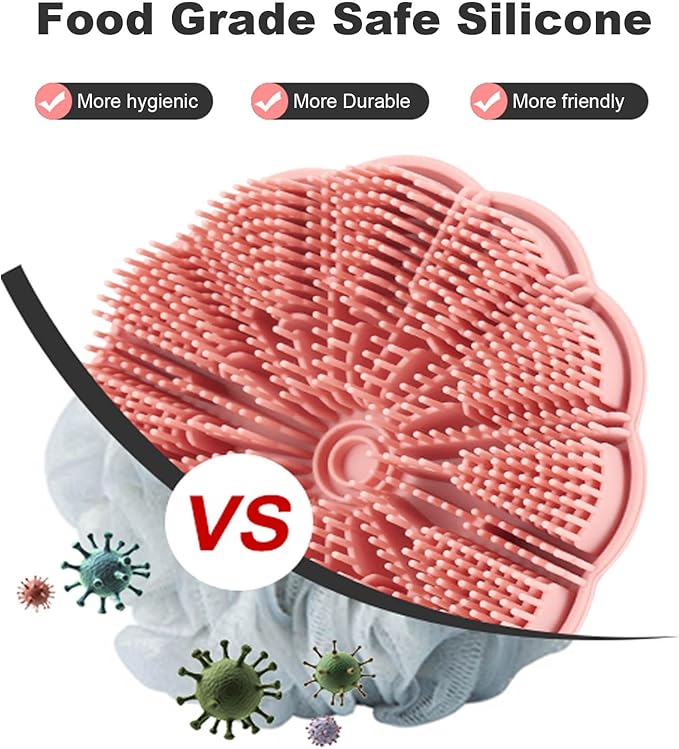 Silicone Body Scrubber Shower Brush, Exfoliating Body Wash Scrubbers for All Skin Types, Ergonomic No-Slip Handle, Body Brush for Showering (Pink)