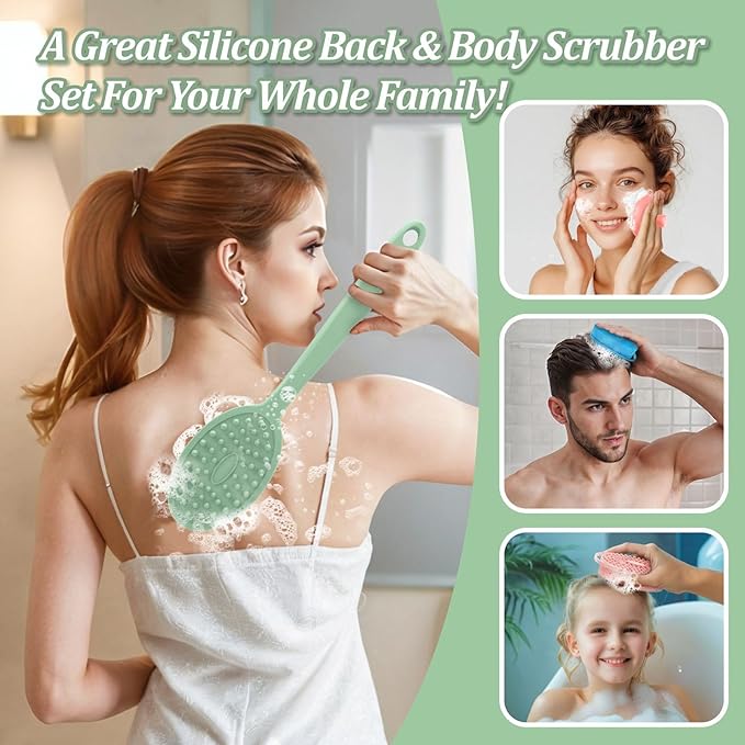 Silicone Back & Body & Face Scrubber Set 3PCS, Gentle Exfoliating Back & Body Scrubber with Dual-Side Brush Head, Hygienic Silicone Loofahs with Soft Bristle and Non-Slip Handle(Green-3PC)
