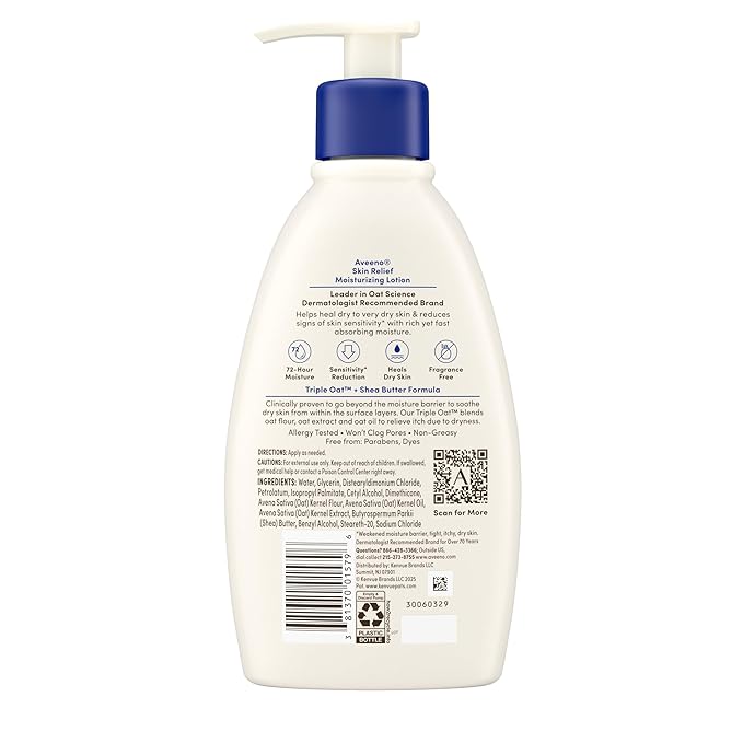 Aveeno Skin Relief Moisturizing Lotion Heals Very Dry, Sensitive Skin, Fast-Absorbing Body Lotion with Soothing Triple Oat & Shea Butter Formula, Fragrance Free, Non-Comedogenic, 12 fl. oz