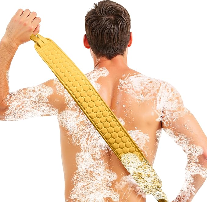 Back Scrubber for Shower with Handles, 40 Inch Extra Long Double-Sided Exfoliating Bath Strap, Textured Body Washer with Extended Reach for Deep Cleaning (Yellow)
