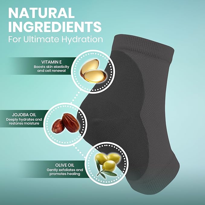 Moisturizing Heel Socks for Cracked Heels - Gel Socks for Dry Cracked Feet Repair - Silicone Socks for Women’s Foot Treatment & Overnight Hydration (Black, 2-Pair)