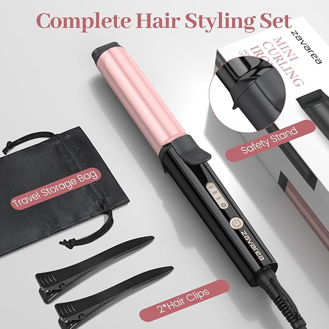 Zavarea Curling Iron for Short Hair, Mini Hair Curler with 1 Inch Ceramic Barrel, 3 Adjustable Temp, Portable Design, Instant Heating, Dual Voltage for Travel, Auto Shut-Off, Includes Storage Bag