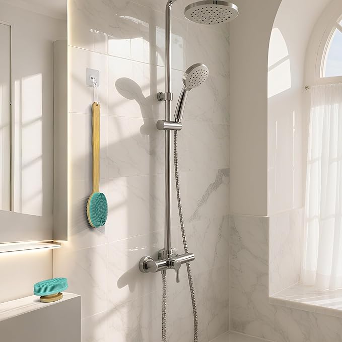 READAEER Silicone Back Scrubber with Long Handle Bamboo, 15.7in Lengthen Long Handle Body Brush for Shower, Double Sided Silicone Head for Back Cleaning and Massage, with a Hook