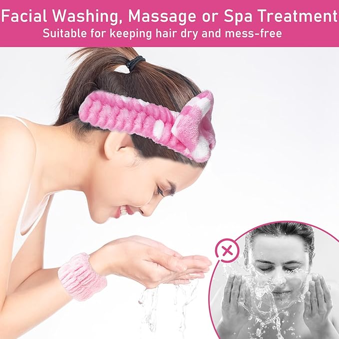 Facial Cleansing Brush 2 in 1, Silicone Face Scrubber Dual Face Brush for Deep Pore Cleansing and Exfoliating, Skincare Headband and Wristbands Set for Washing Face, Massaging Spa Makeup, Pink