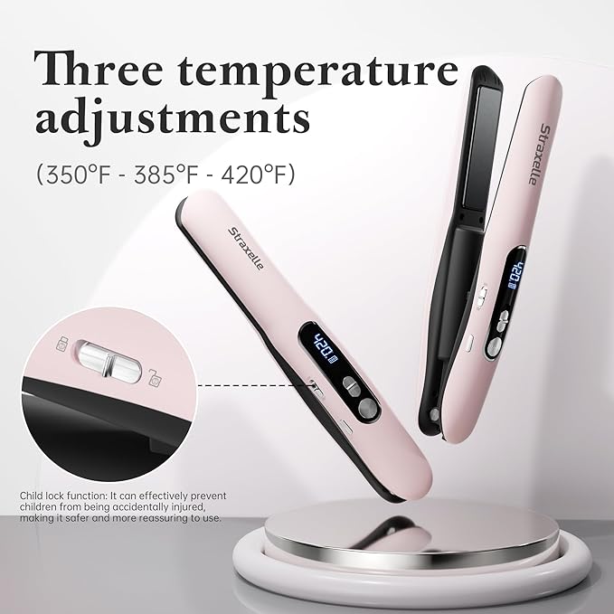 Mini Cordless Hair Straightener and Curler 2 in 1, Mini Portable Flat Iron Adjustable 350°F-420°F Travel Hair Straighteners LED Display/5000mAh Ceramic Flat Iron Hair Straightener for Women Men(Pink)