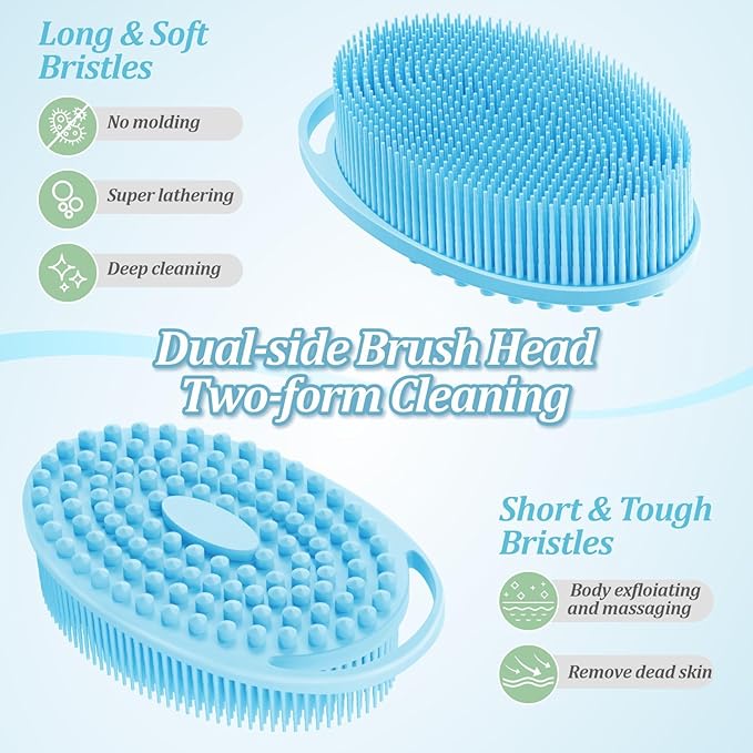 Silicone Back Body Face Scrubbers Set 4PCS, 15.35’’ Back Scrubber Soft Body Scrubber for Dual-Side Usage, Easy-to-Hold Soft Bath Glove & Face Scrubber for Good Foaming Deep Cleaning(Blue)