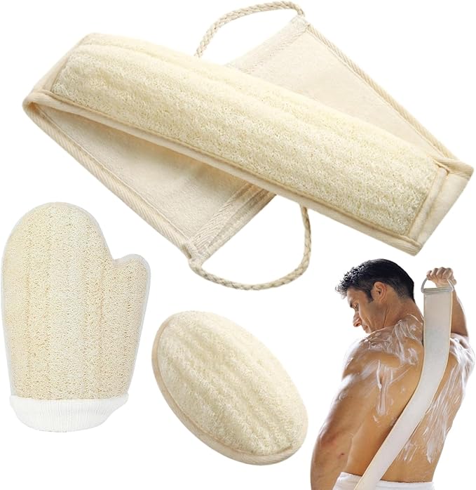 Natural Loofah Sponge, Exfoliating Body Scrubber for Men Women, Loofah with Handle, Exfoliating Back Scrubber for Shower Set, Deeply Clean & Invigorate Your Skin (3 pcs in Box)