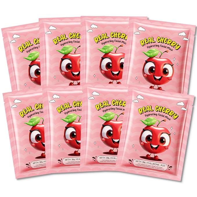 8 PCS Real Hydrating Nature Face Masks Skincare, Hyaluronic Acid, Vitamin C and E, Chamomile, Korean Beauty Essence Facial Paper Sheet Mask for Skin Care Moisturizing (Cherry)