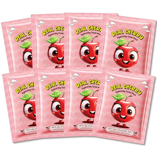 8 PCS Real Hydrating Nature Face Masks Skincare, Hyaluronic Acid, Vitamin C and E, Chamomile, Korean Beauty Essence Facial Paper Sheet Mask for Skin Care Moisturizing (Cherry)